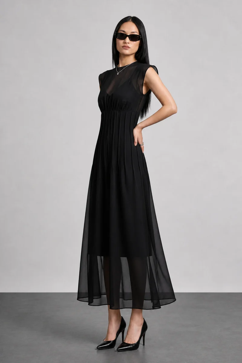 Sienna|100% Viscose Pintuck A-Line Maxi Dress