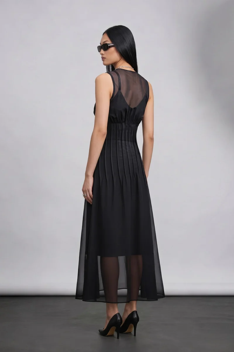 Sienna|100% Viscose Pintuck A-Line Maxi Dress