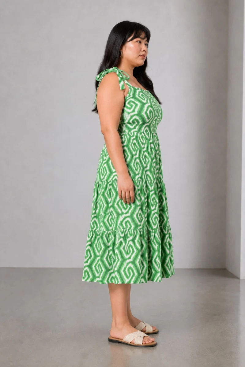 Elsla|100% Viscose Shoulder Tie Up Midi Dress