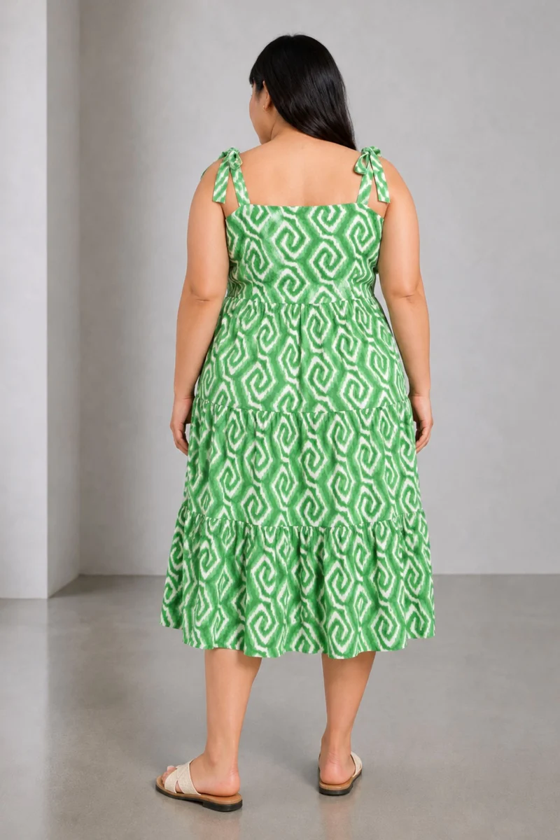 Elsla|100% Viscose Shoulder Tie Up Midi Dress