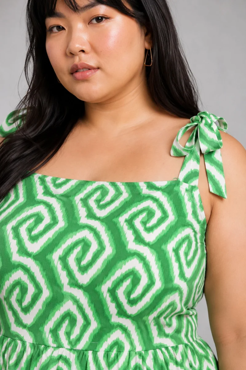 Elsla|100% Viscose Shoulder Tie Up Midi Dress