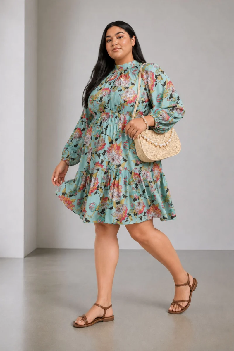 Elrna|100% Viscose Mock Neck With Bow Midi Dress
