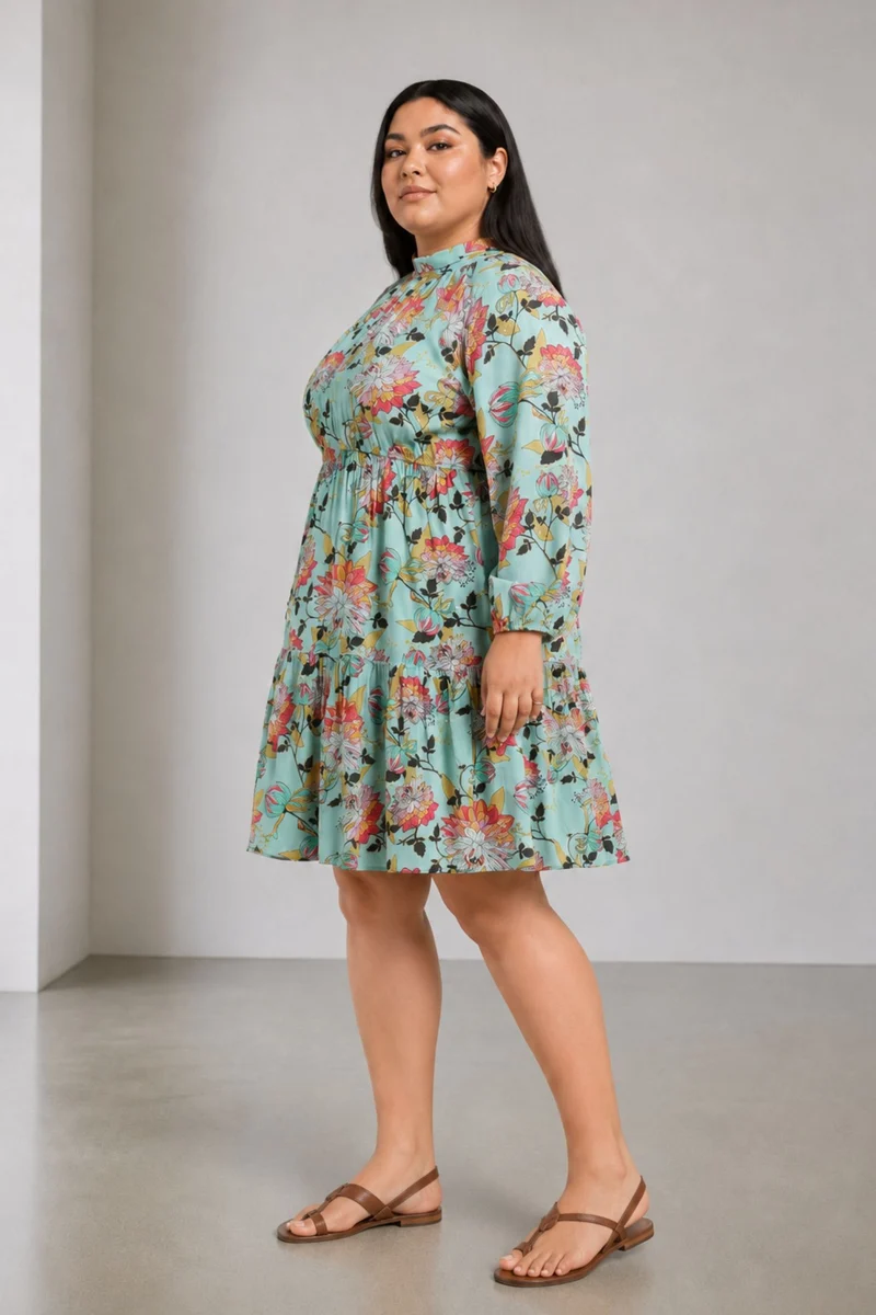 Elrna|100% Viscose Mock Neck With Bow Midi Dress