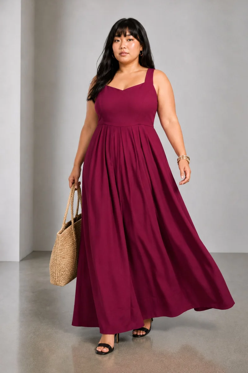 Chie |Viscose Pleated Dress With Sweetheart Neck