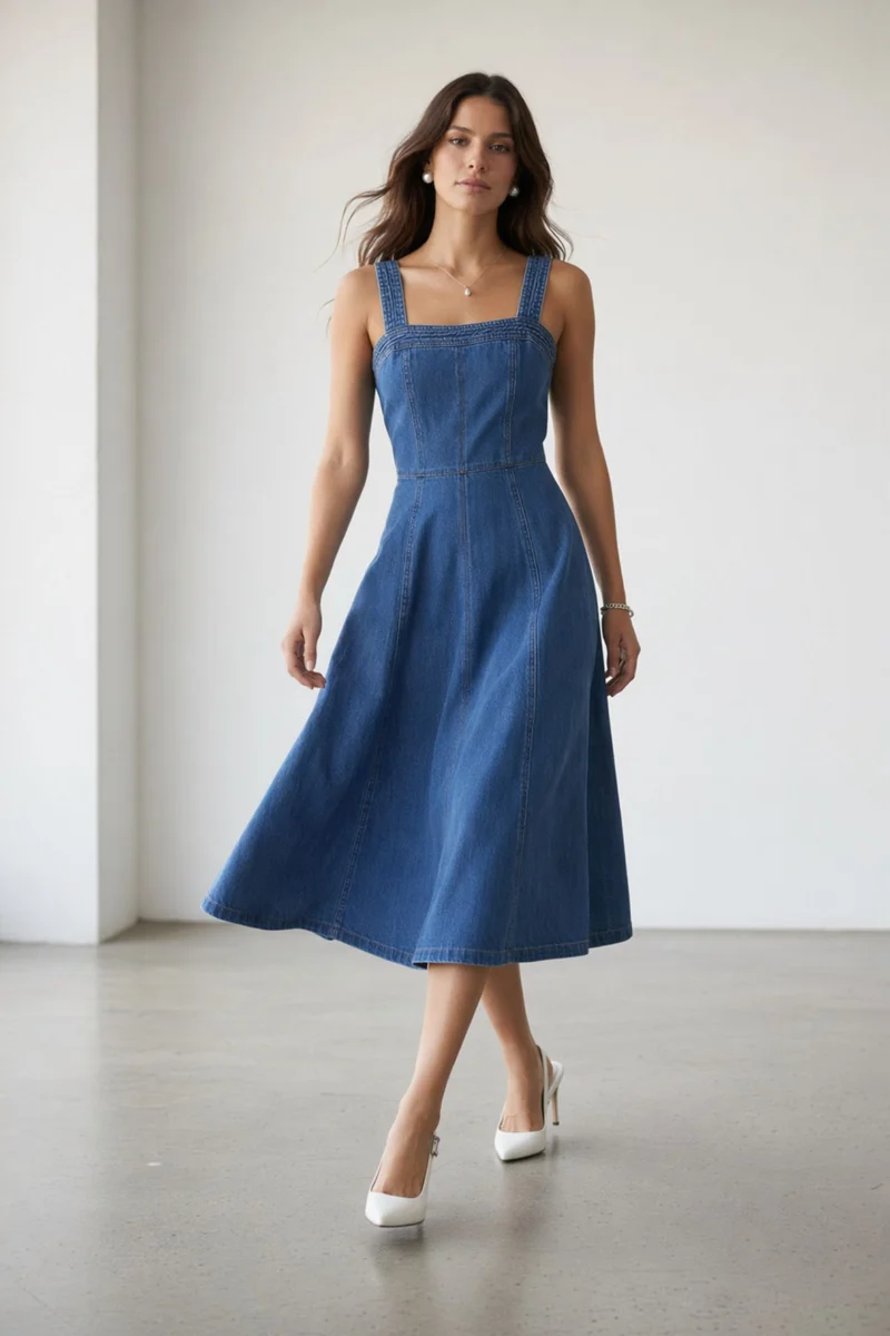 Ayana|100% Cotton Denim Panelled Midi Dress