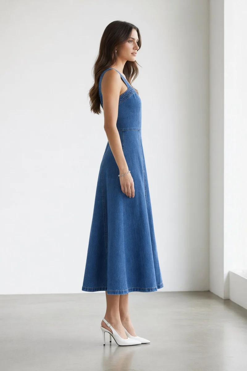 Ayana|100% Cotton Denim Panelled Midi Dress