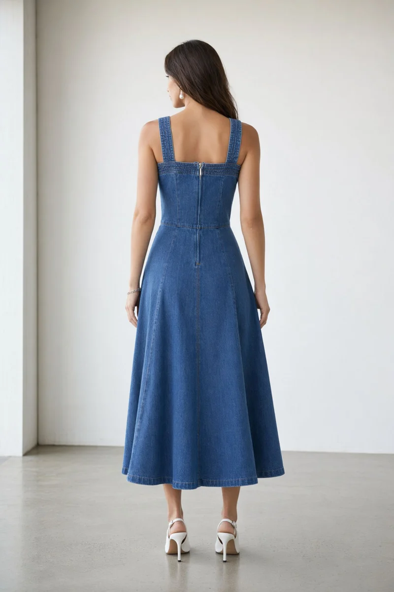 Ayana|100% Cotton Denim Panelled Midi Dress