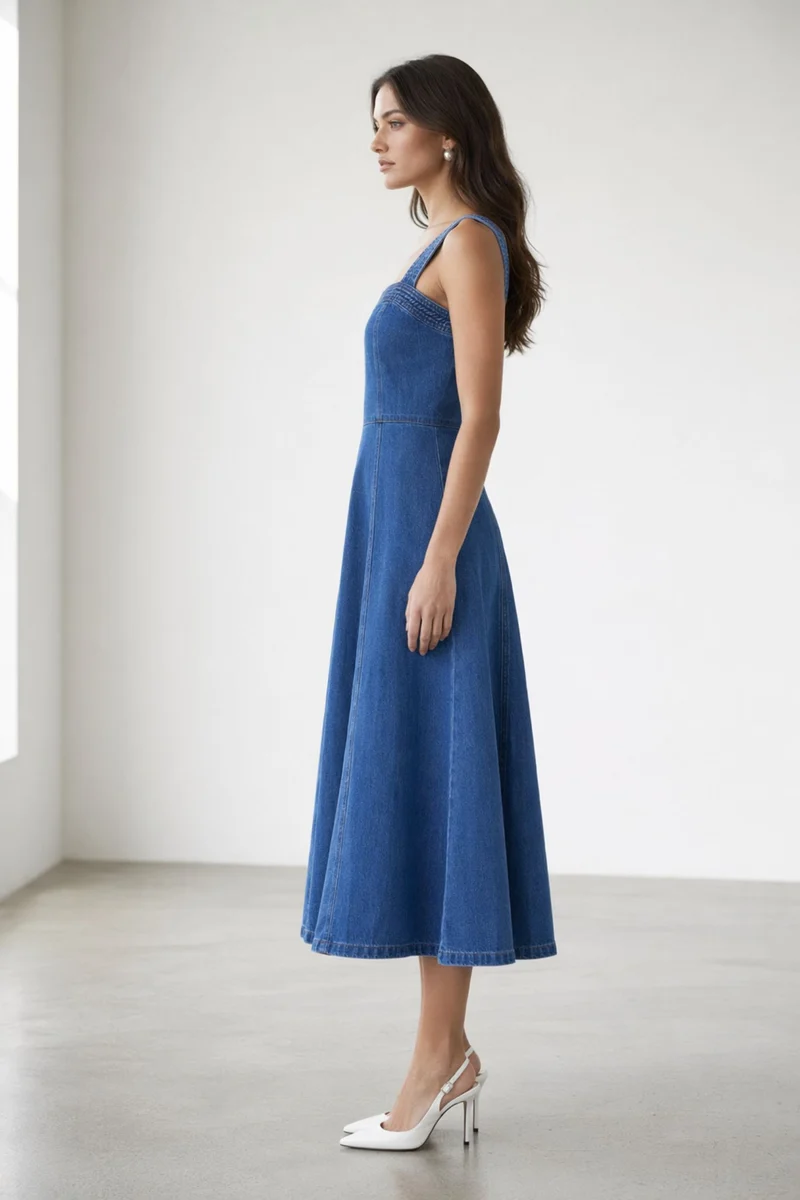 Ayana|100% Cotton Denim Panelled Midi Dress