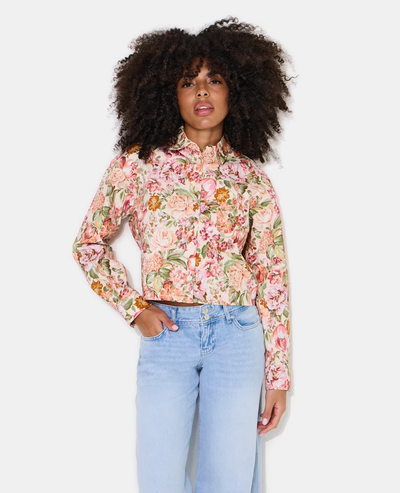 Veste droite motif fleurs façon tapisserie