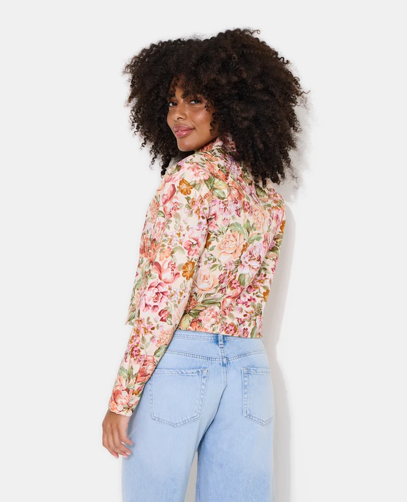 Veste droite motif fleurs façon tapisserie