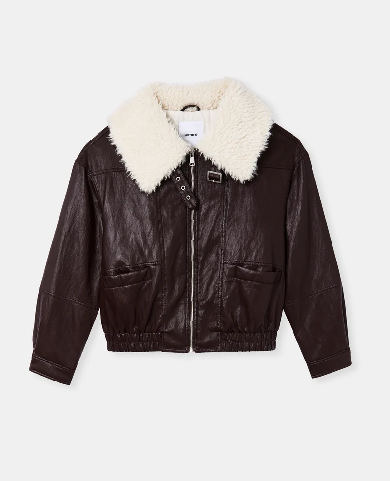 Blouson en simili grand col fausse fourrure