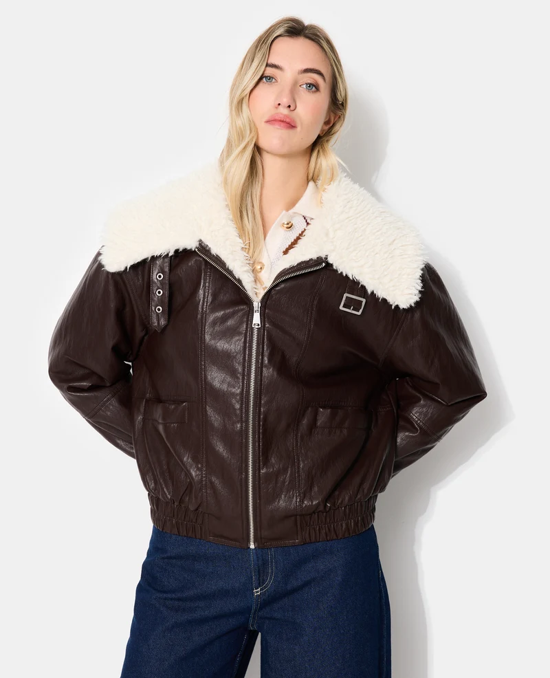 Blouson en simili grand col fausse fourrure
