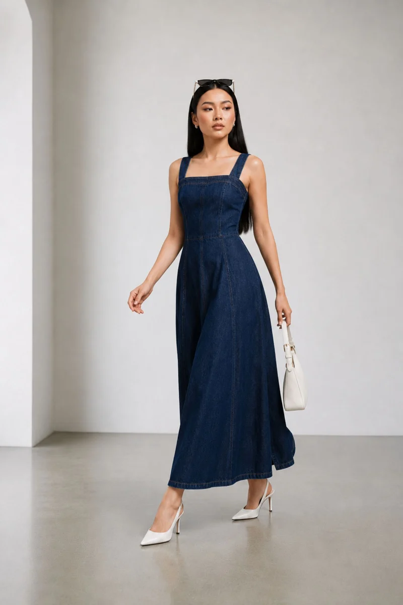 Sanaa|100% Cotton Denim Panelled Midi Dress