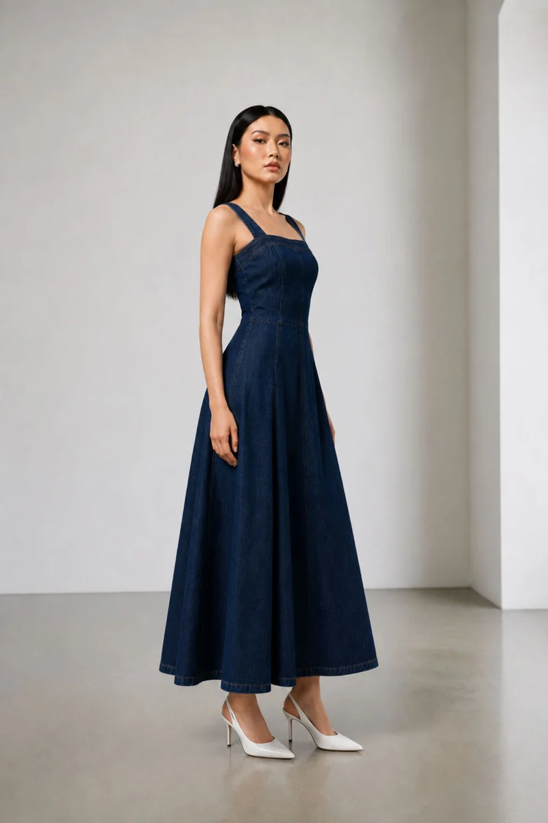 Sanaa|100% Cotton Denim Panelled Midi Dress