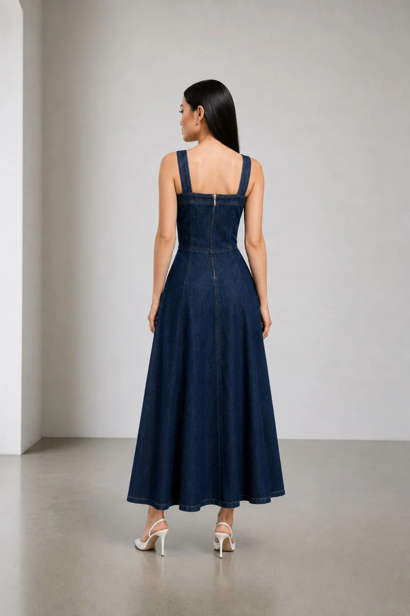 Sanaa|100% Cotton Denim Panelled Midi Dress