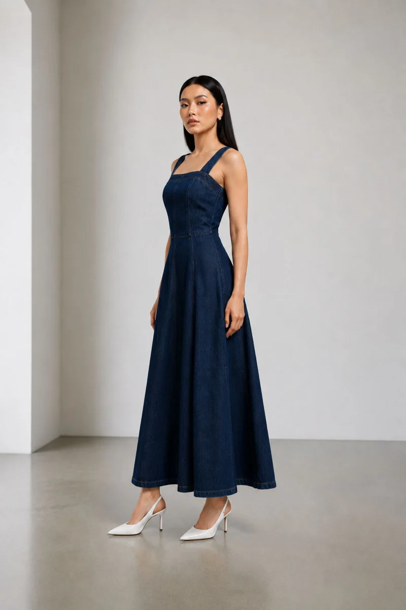 Sanaa|100% Cotton Denim Panelled Midi Dress