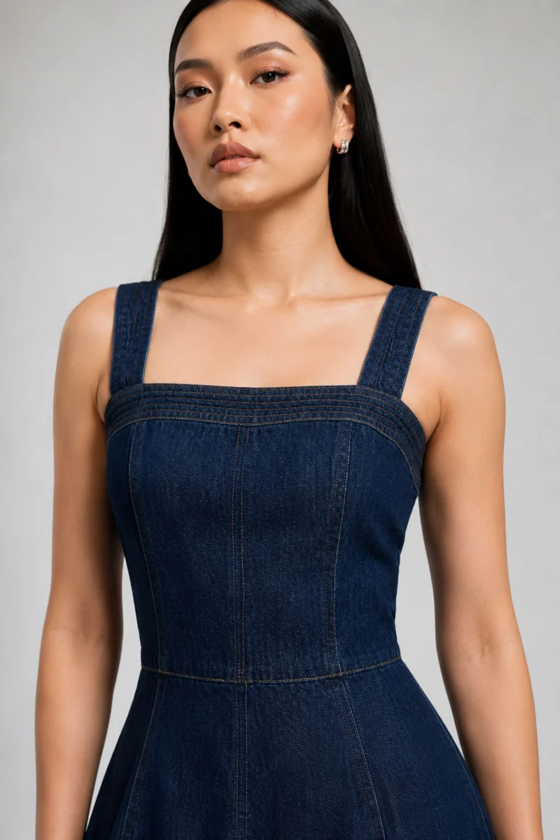 Sanaa|100% Cotton Denim Panelled Midi Dress