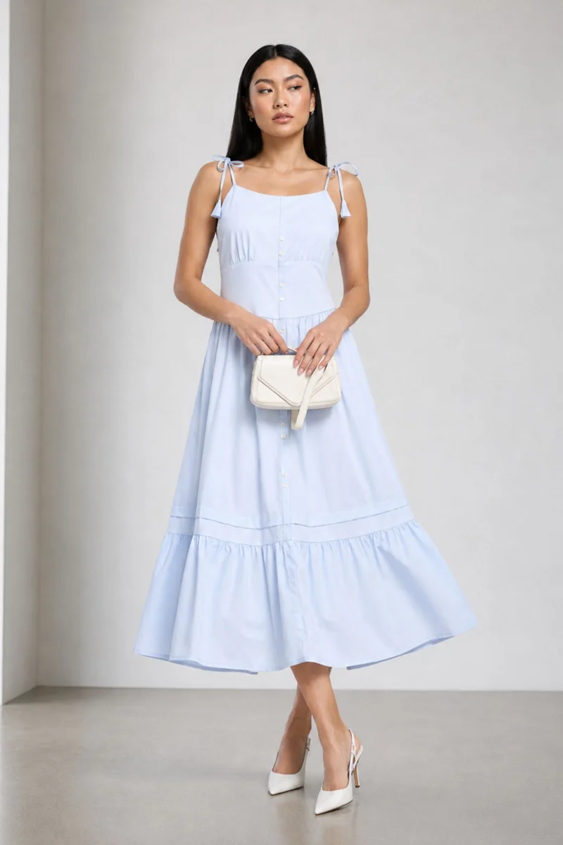Imau|100% Cotton Shoulder Tie-Up Maxi Dress