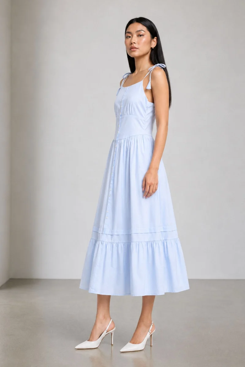 Imau|100% Cotton Shoulder Tie-Up Maxi Dress