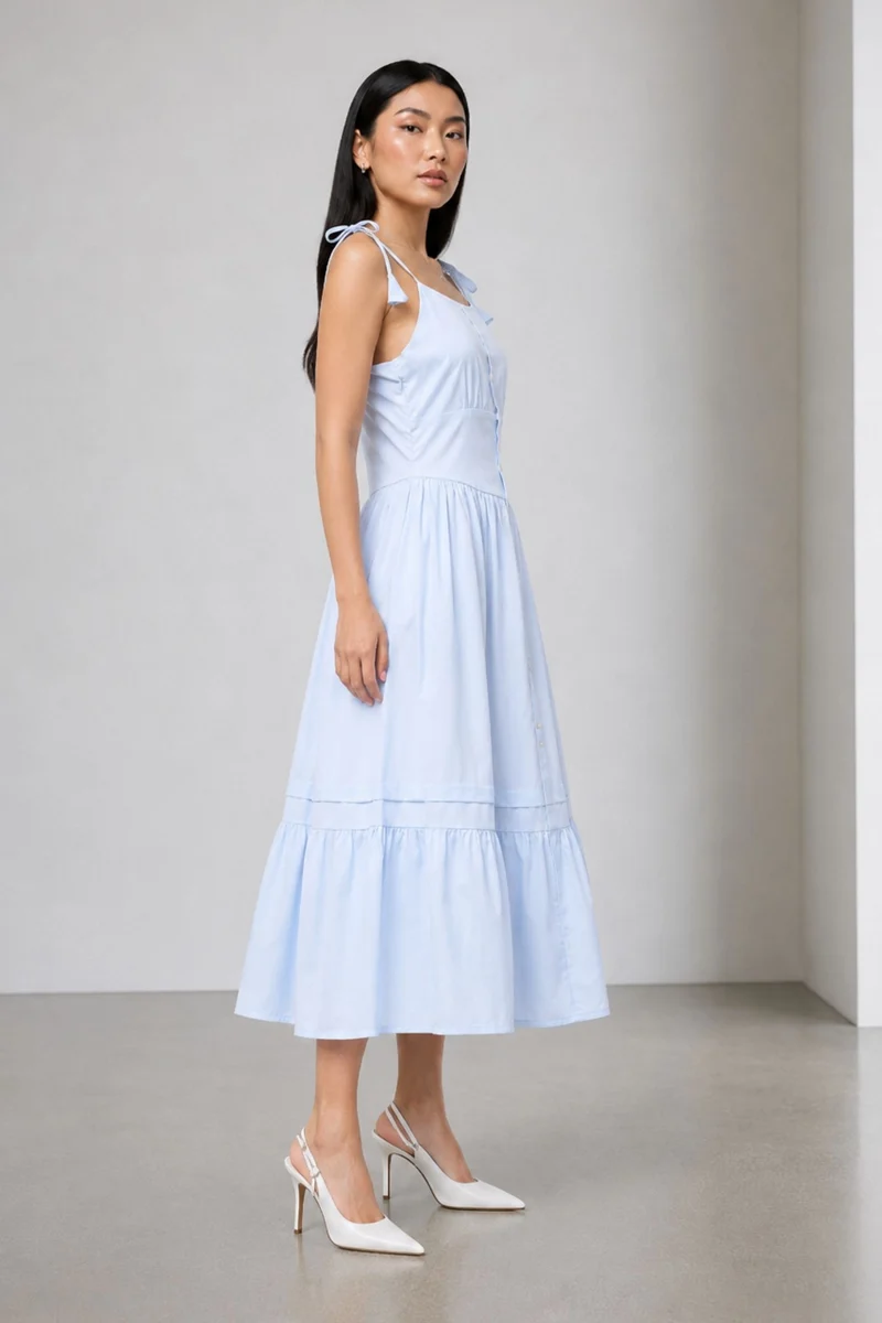 Imau|100% Cotton Shoulder Tie-Up Maxi Dress