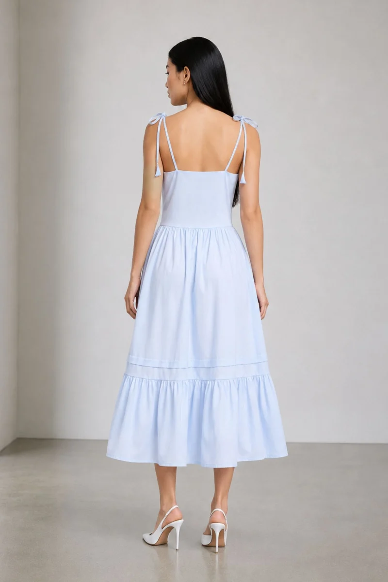Imau|100% Cotton Shoulder Tie-Up Maxi Dress