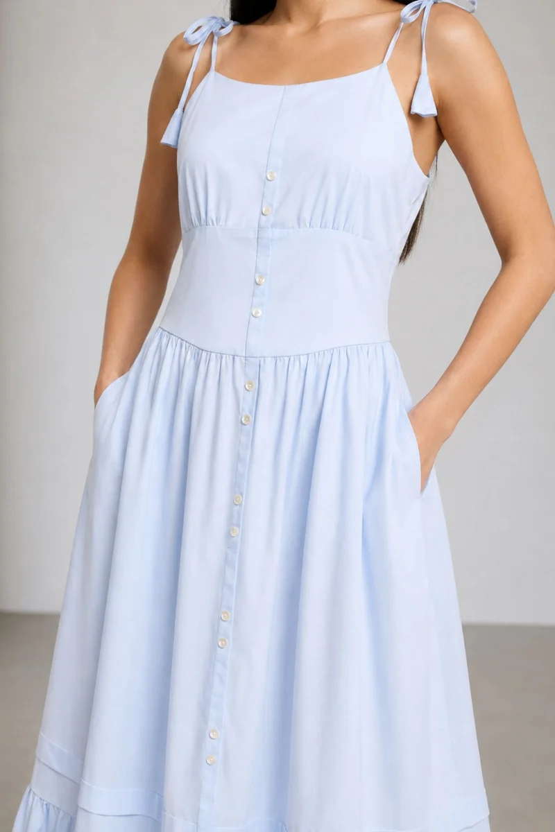 Imau|100% Cotton Shoulder Tie-Up Maxi Dress