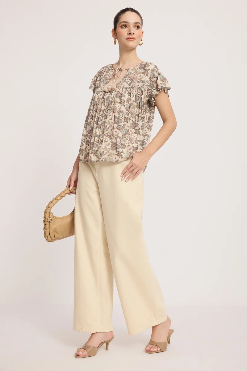 Rara|100% Viscose Tie-Up Top With Flutter Sleeves