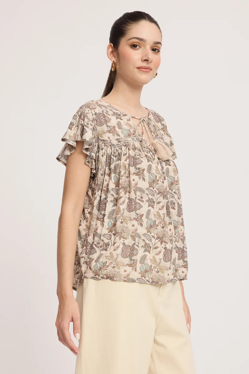 Rara|100% Viscose Tie-Up Top With Flutter Sleeves