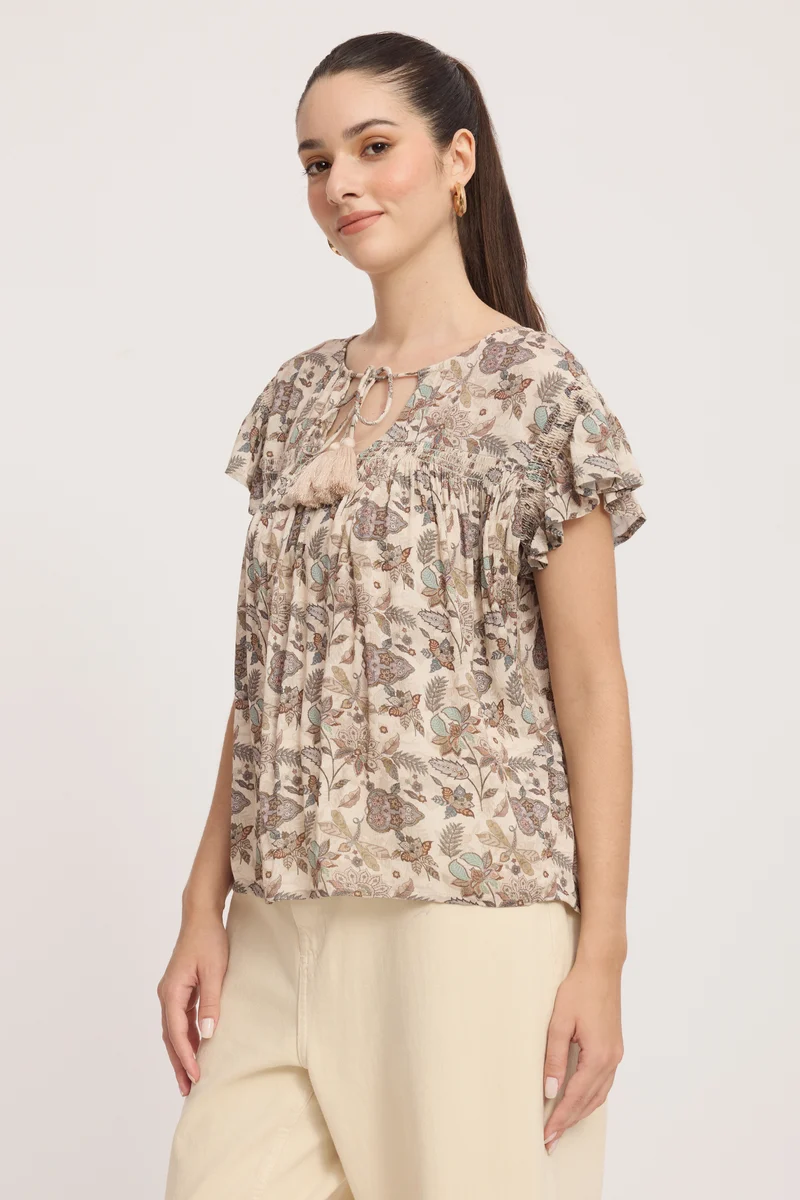 Rara|100% Viscose Tie-Up Top With Flutter Sleeves