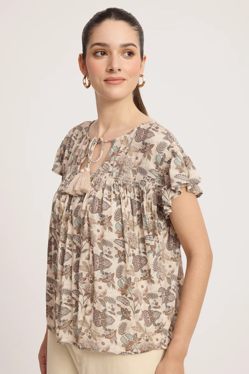 Rara|100% Viscose Tie-Up Top With Flutter Sleeves