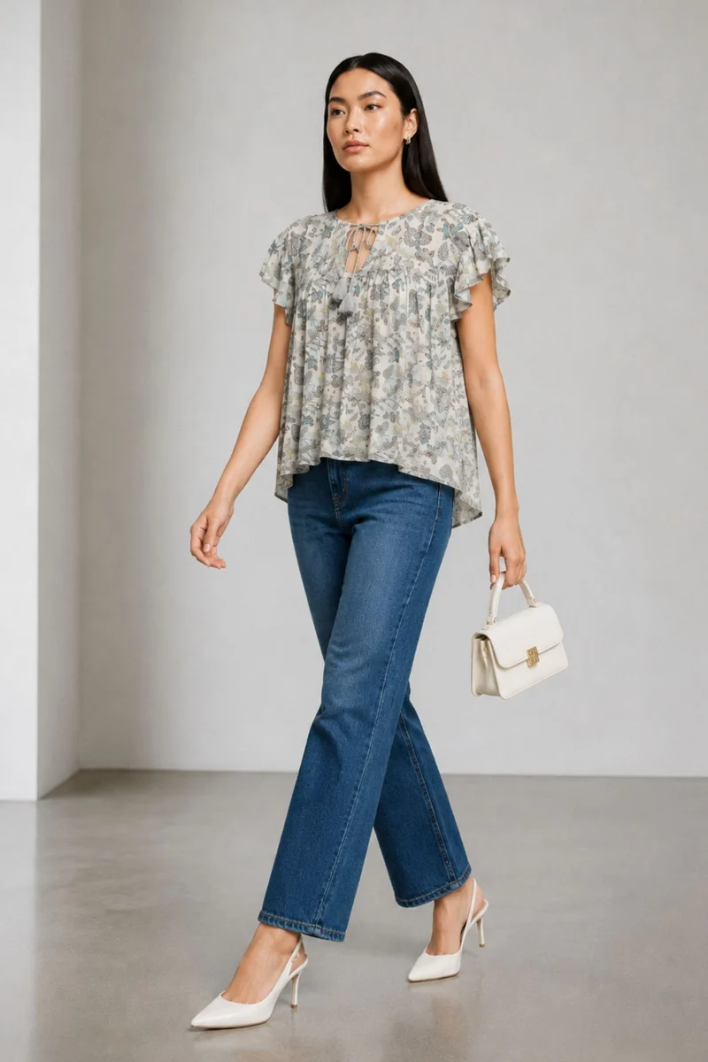 Deiimhe|100% Viscose Tie-Up Top With Flutter Sleeves