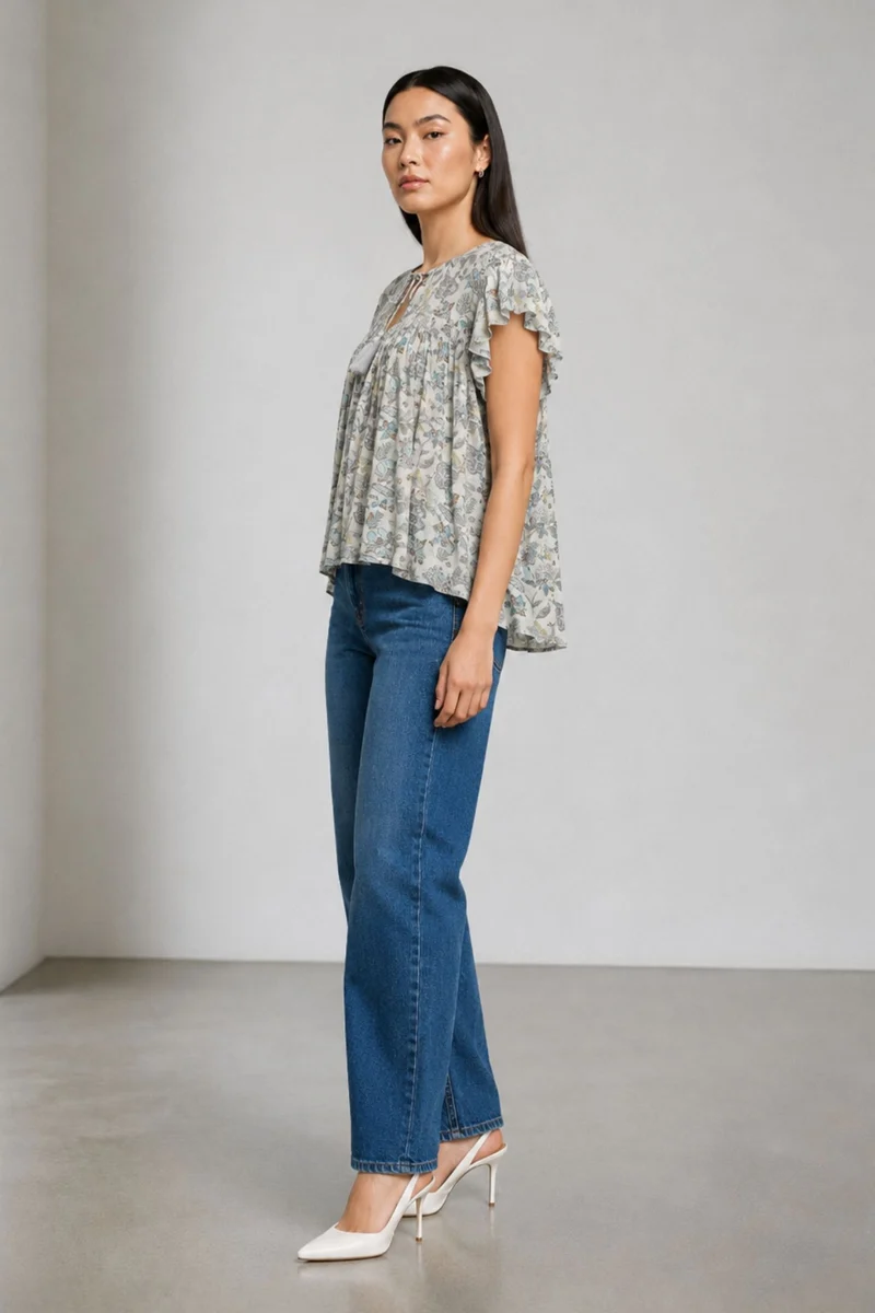 Deiimhe|100% Viscose Tie-Up Top With Flutter Sleeves
