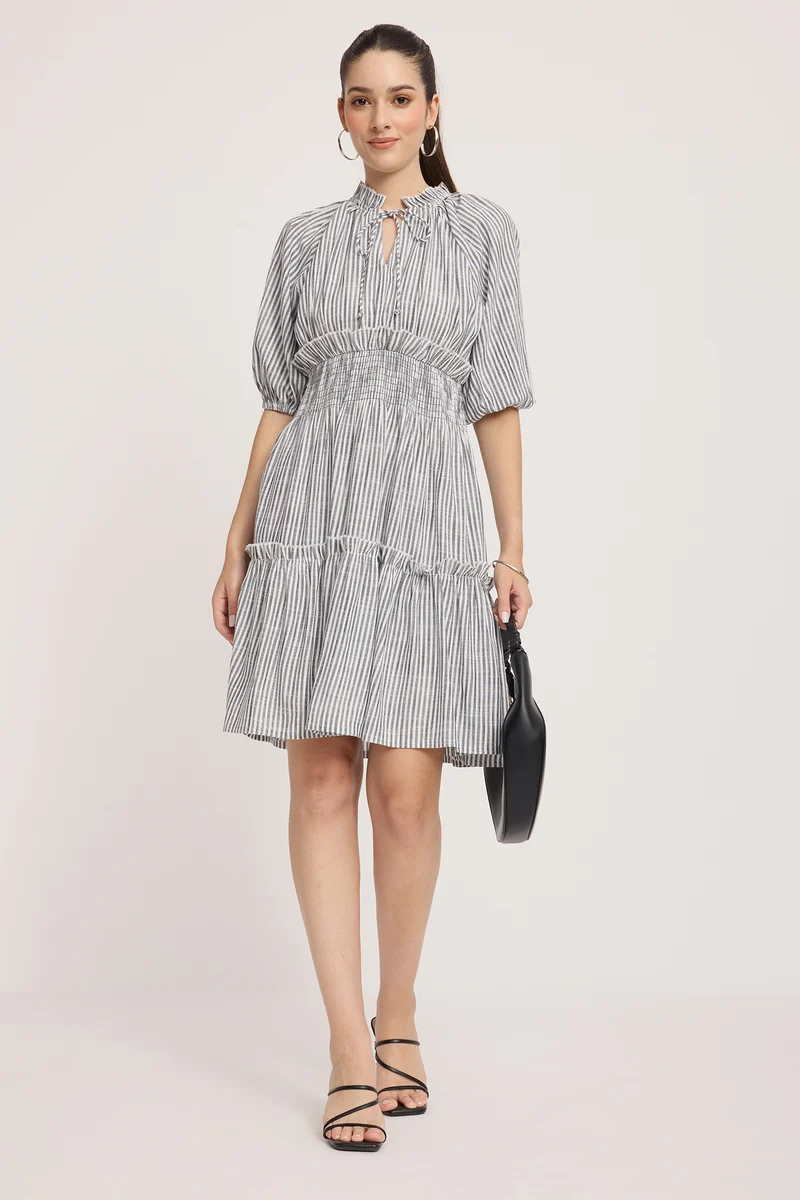 Kaliba|100% Viscose Tie-Up Neck Mini Dress