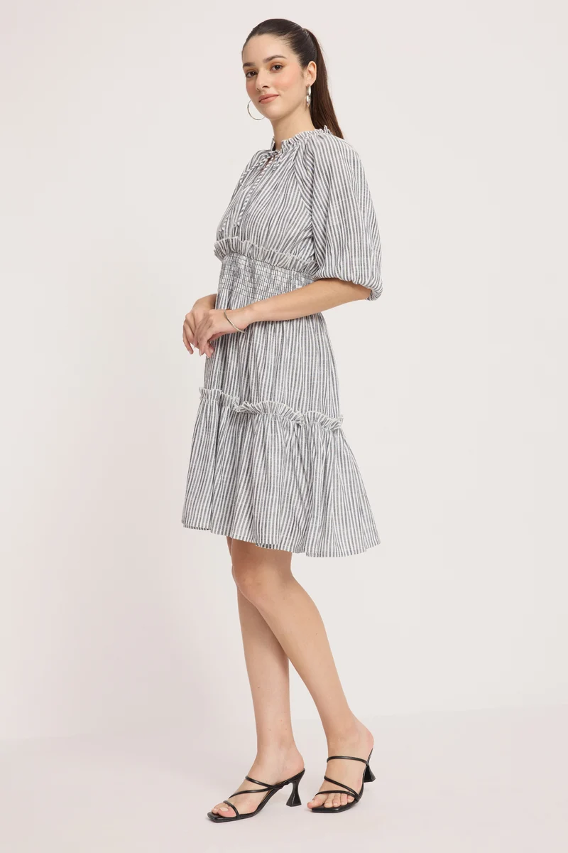 Kaliba|100% Viscose Tie-Up Neck Mini Dress