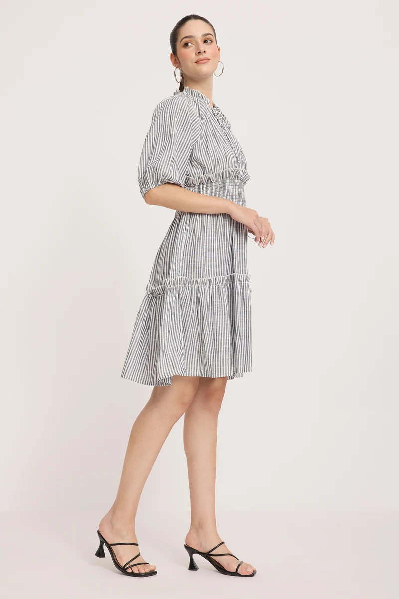Kaliba|100% Viscose Tie-Up Neck Mini Dress