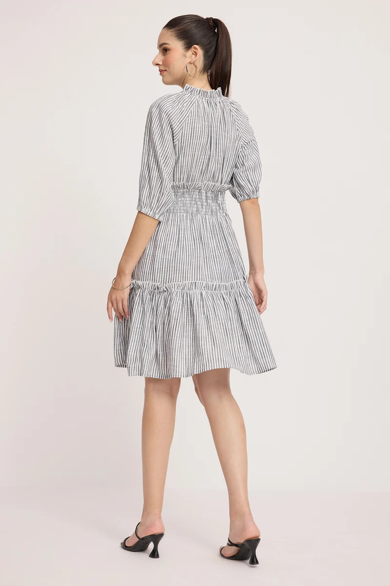 Kaliba|100% Viscose Tie-Up Neck Mini Dress