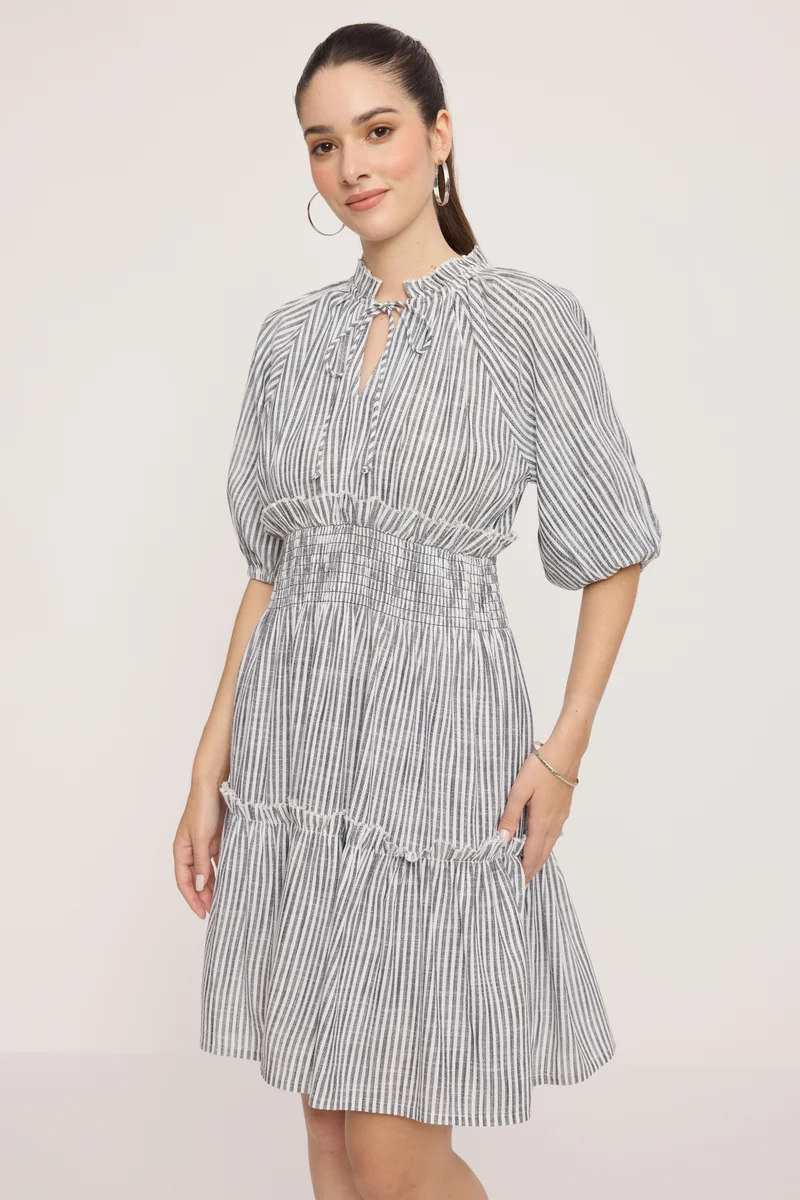 Kaliba|100% Viscose Tie-Up Neck Mini Dress