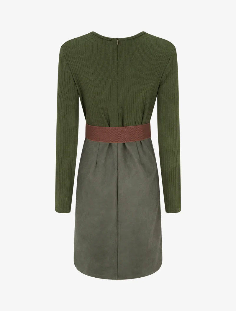 Robe droite bimatière à détail dentelle - Kaki