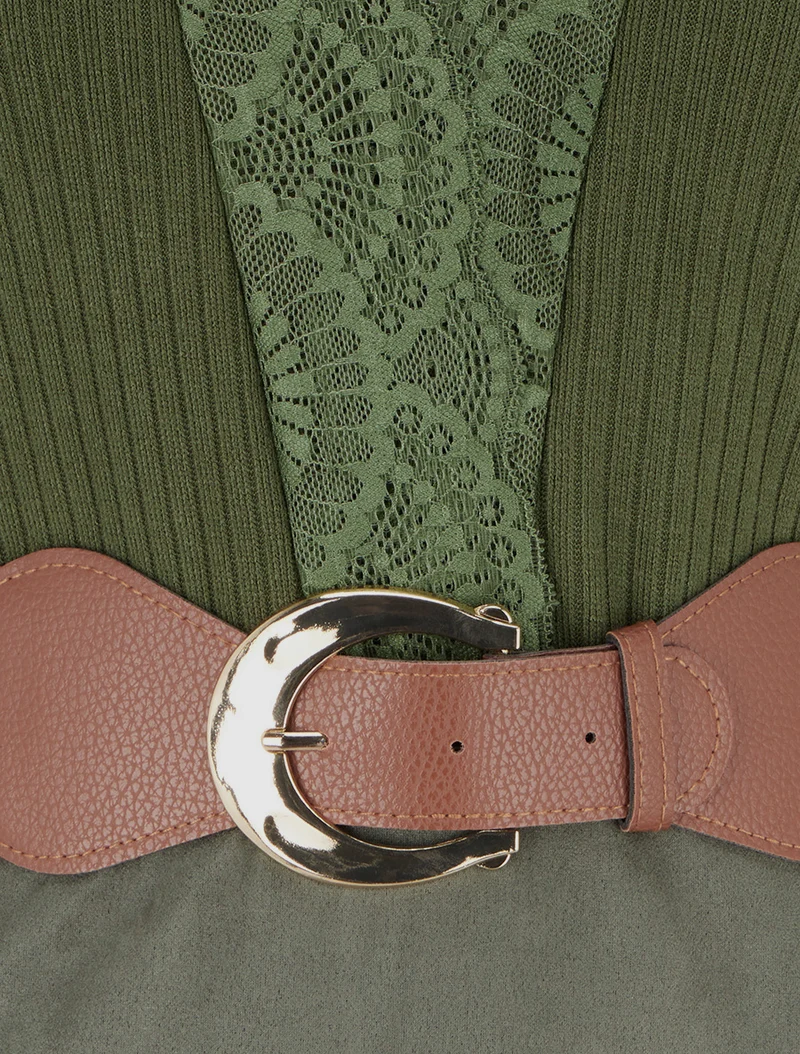 Robe droite bimatière à détail dentelle - Kaki