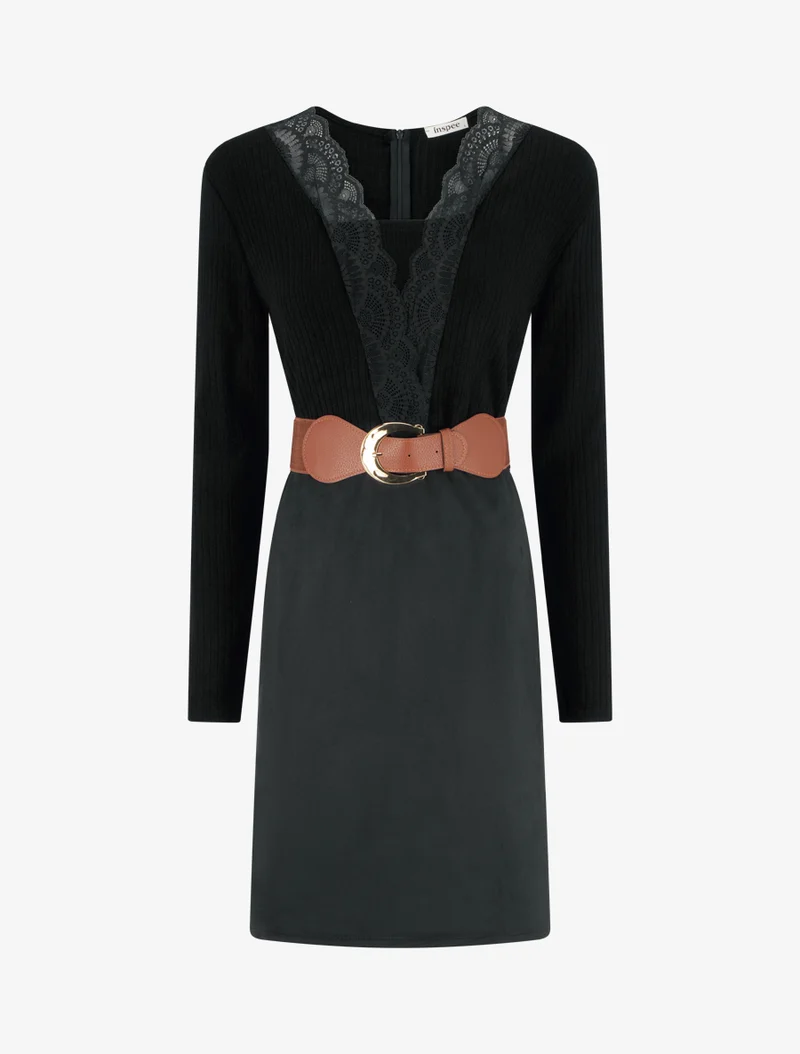Robe droite bimatière à détail dentelle - Noir