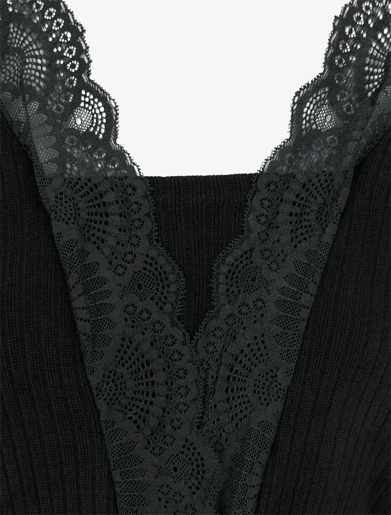 Robe droite bimatière à détail dentelle - Noir