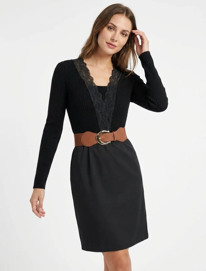 Robe droite bimatière à détail dentelle - Noir