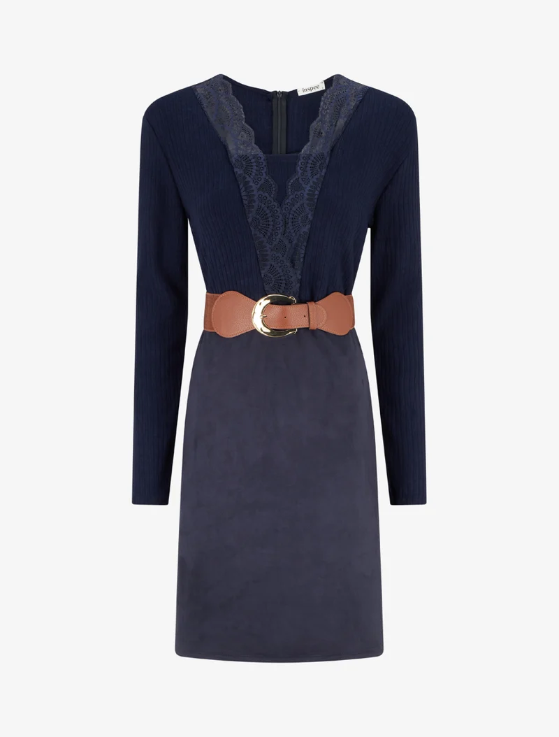 Robe droite bimatière à détail dentelle - Marine