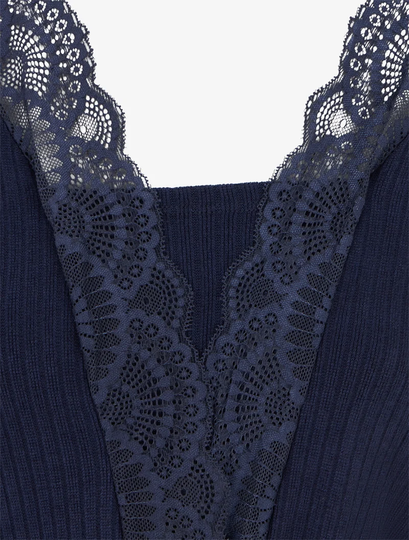 Robe droite bimatière à détail dentelle - Marine