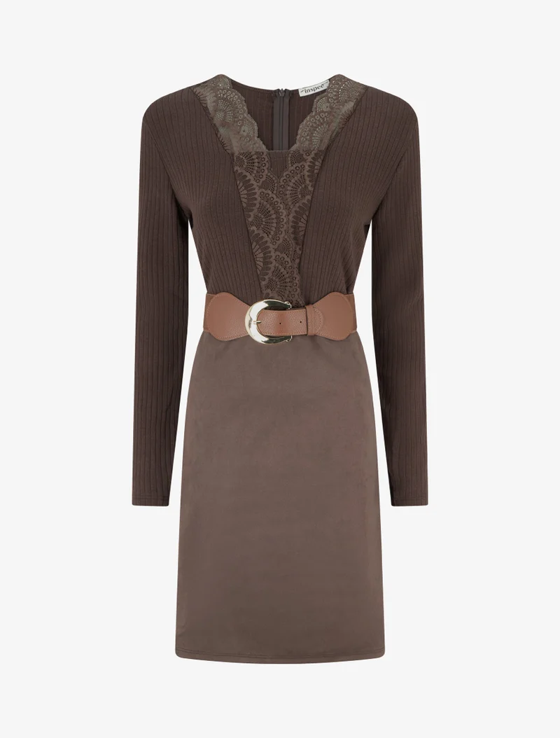 Robe droite bimatière à détail dentelle - Marron