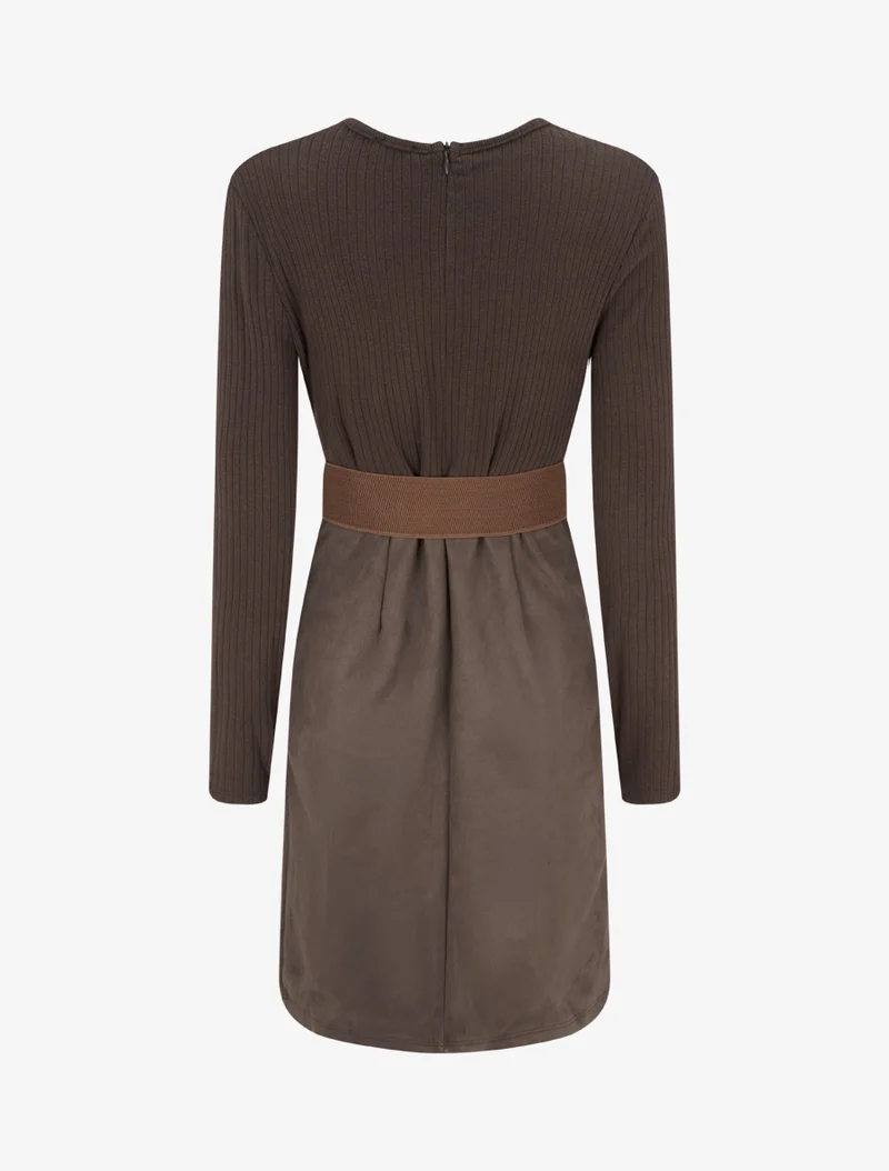 Robe droite bimatière à détail dentelle - Marron