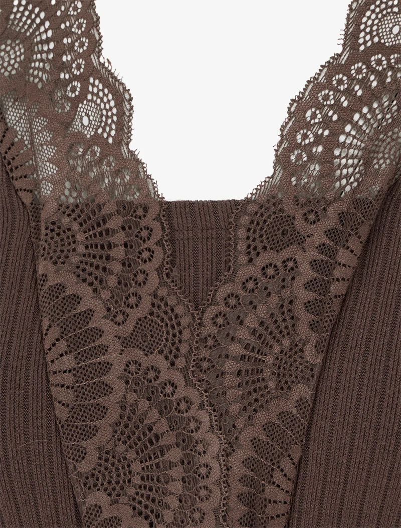 Robe droite bimatière à détail dentelle - Marron