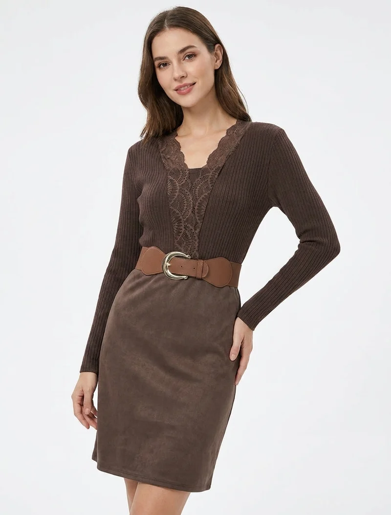 Robe droite bimatière à détail dentelle - Marron