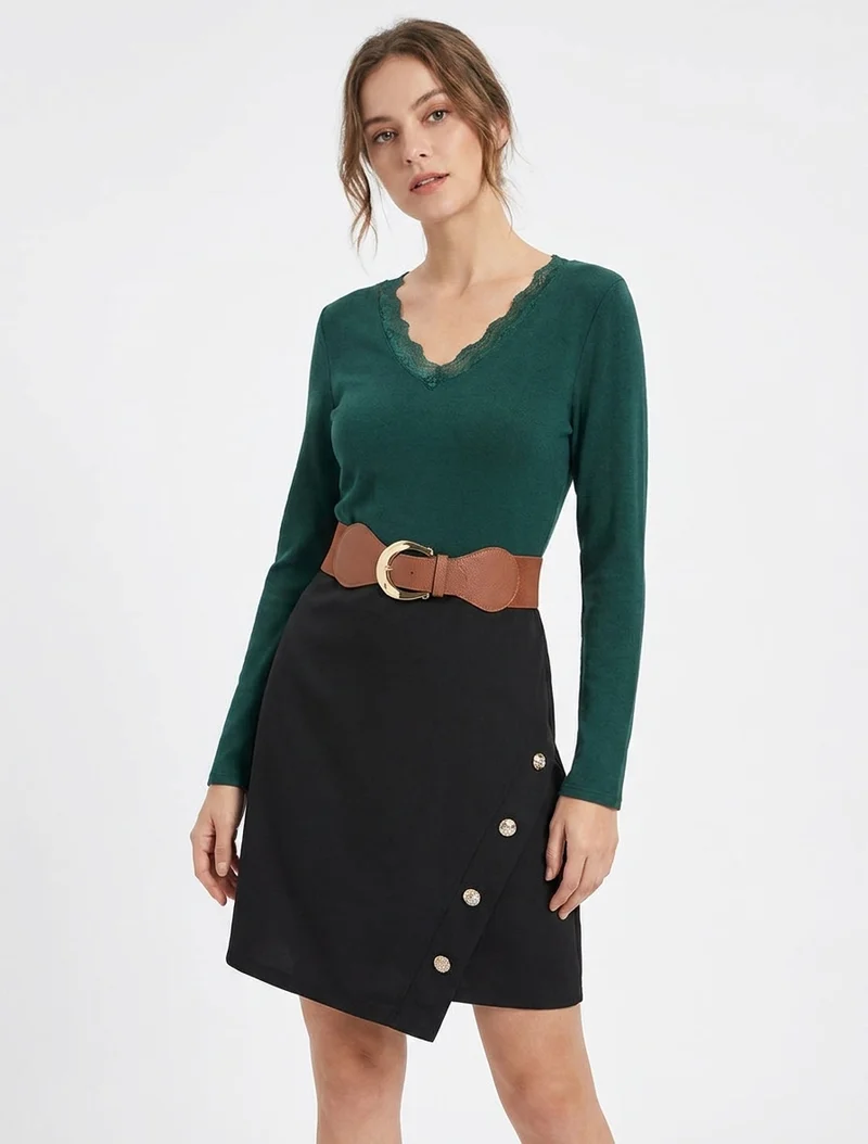Robe droite bicolore - Vert sapin