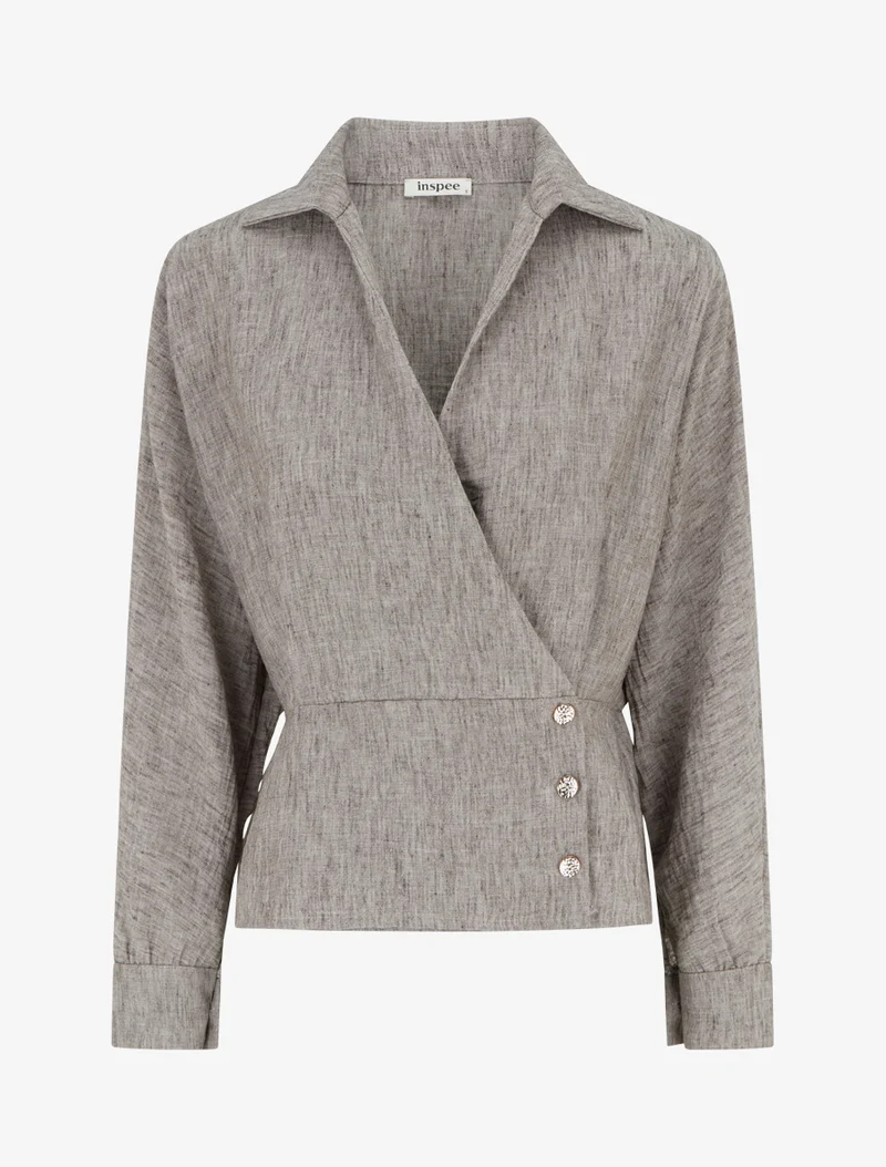Blouse élastiquée à col cache-coeur - Marron chiné